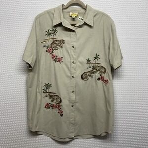 VTG C.S.T. Sport Beige Leopard Long Slv. Button Up Shirt Women 20W Macau Cotton